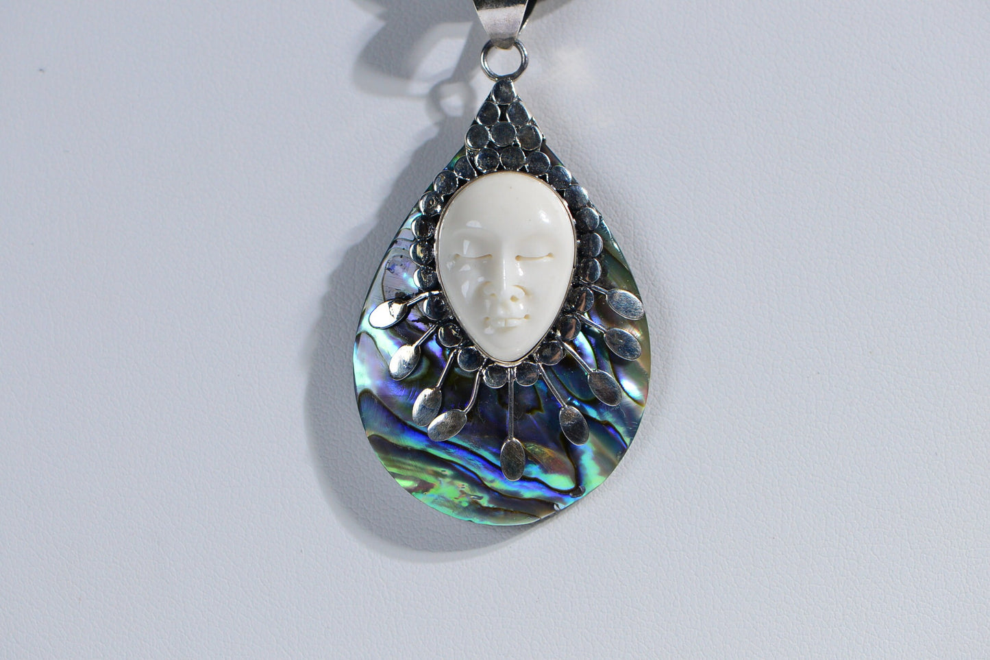 Abalone Shell Carved Bone Face Pendant Leather Necklace Sterling Silver Vintage Jewelry