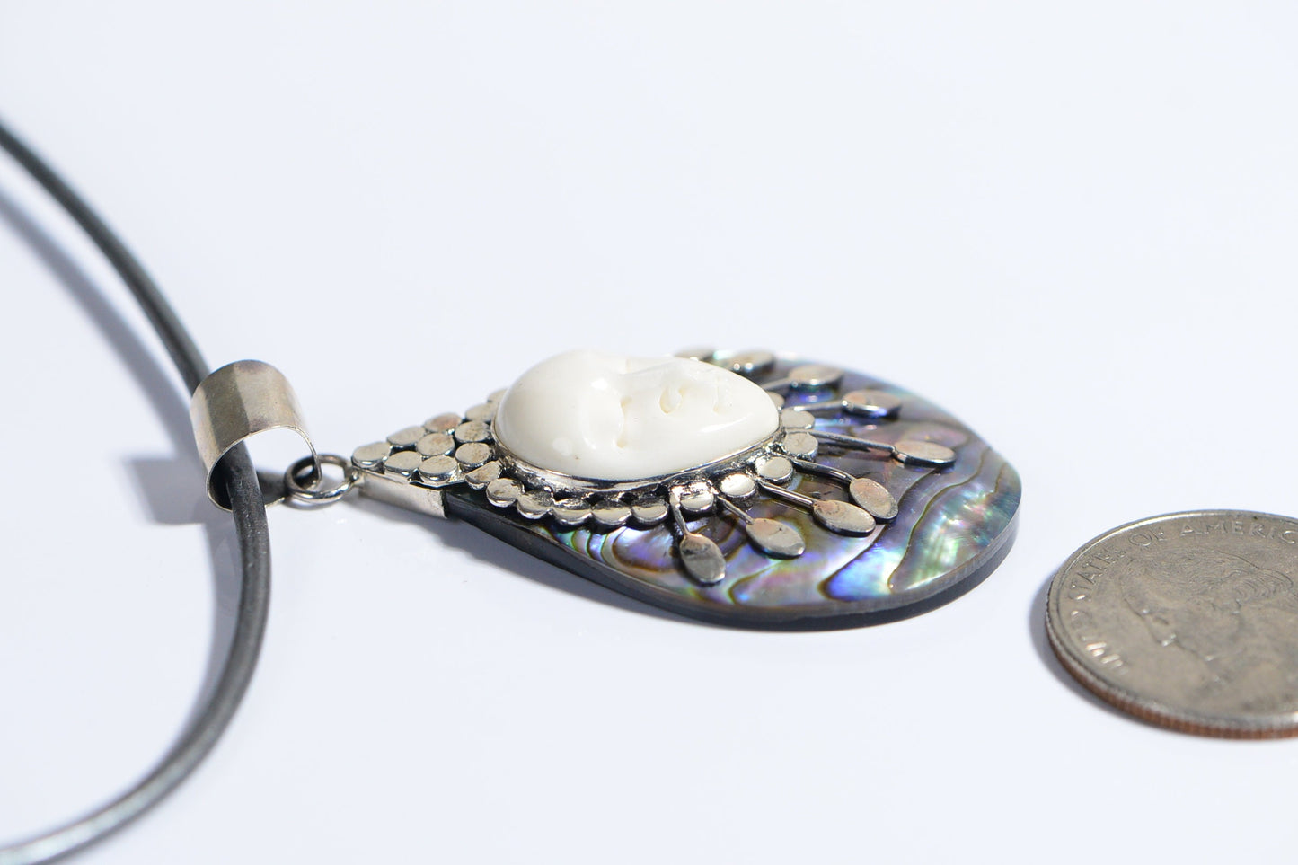Abalone Shell Carved Bone Face Pendant Leather Necklace Sterling Silver Vintage Jewelry