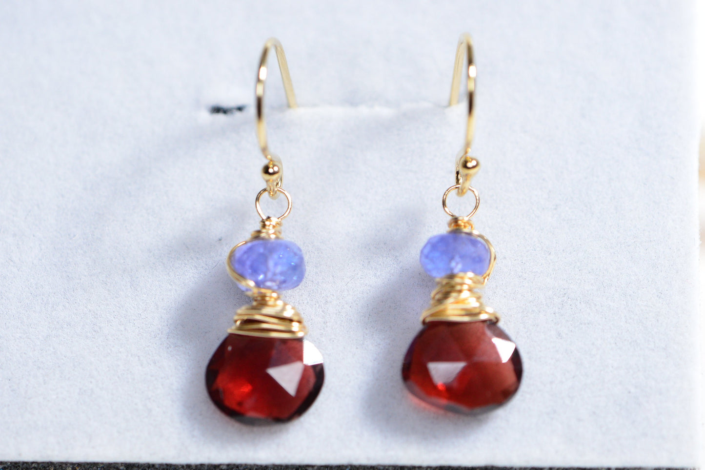 Tanzanite Garnet 14K Gold Wire Wrapped Earrings Multi stone Small Earrings Birthstone February