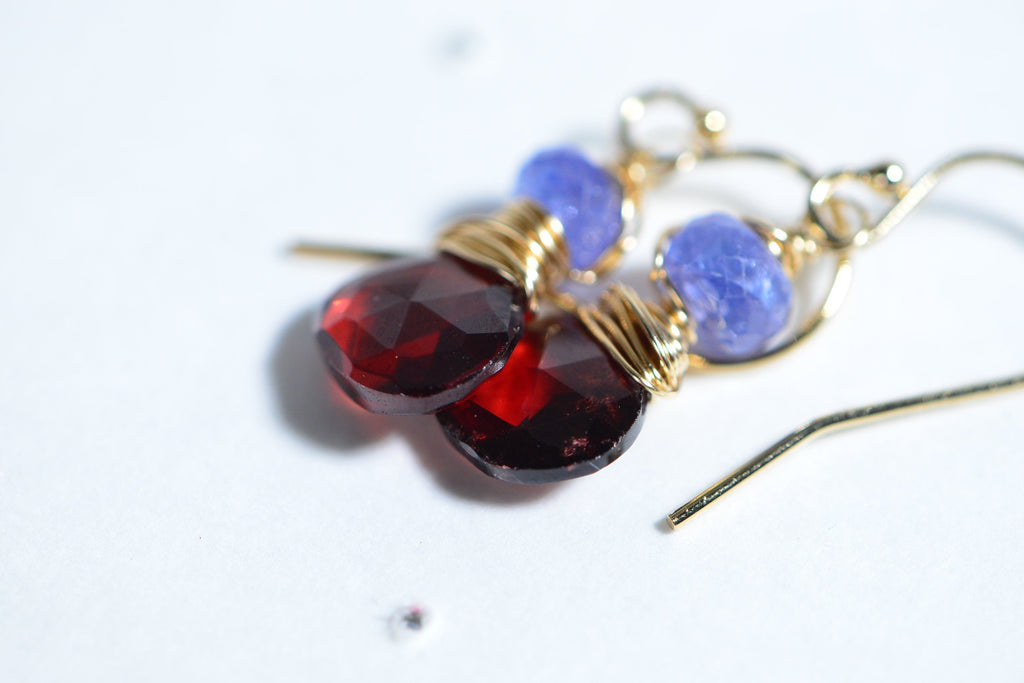 Real Garnet Tanzanite Wire Wrapped 14K Gold Filled Small Earrings Birthstone January