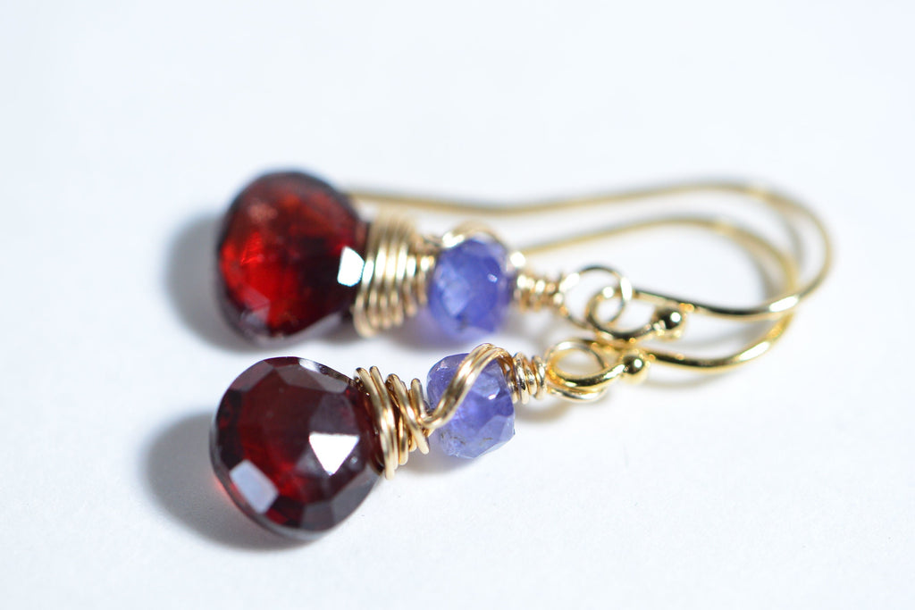 Real Garnet Tanzanite Wire Wrapped 14K Gold Filled Small Earrings Birthstone January