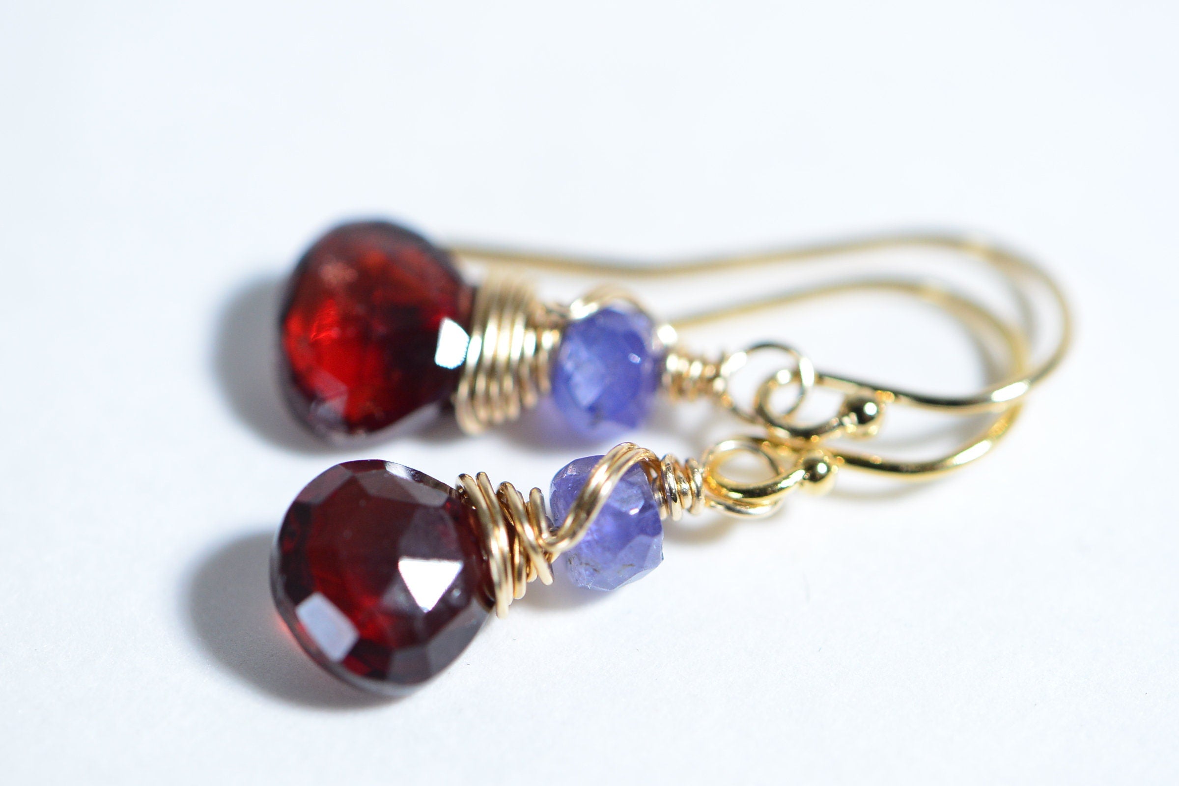 Real Garnet Tanzanite Wire Wrapped 14K Gold Filled Small Earrings Birthstone January