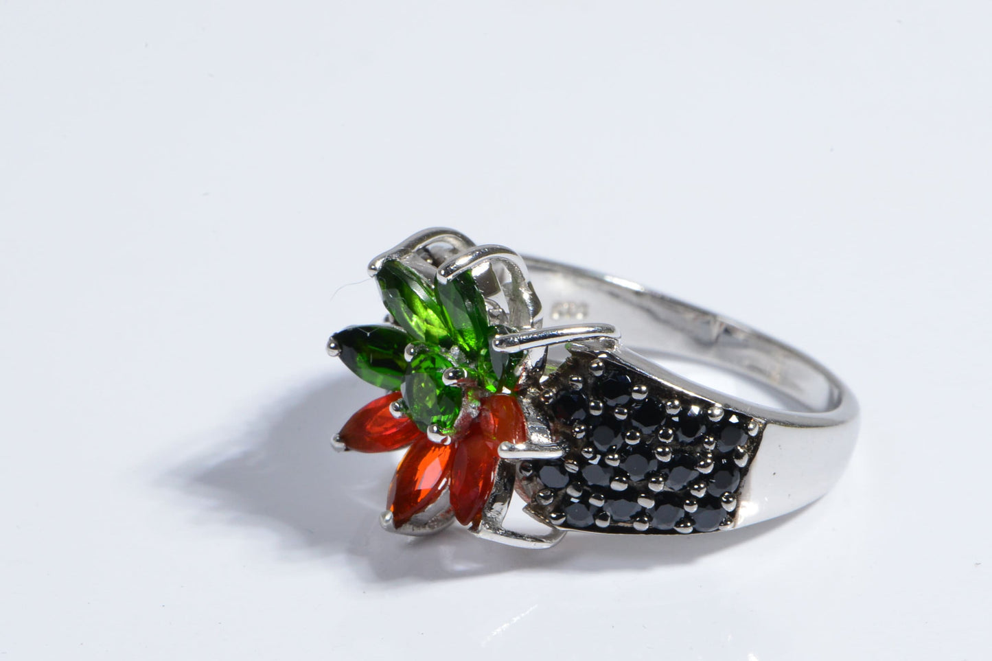 Mexican Fire Opal Flower Ring, Chrome Diopside, Black Spinel, Sterling Silver