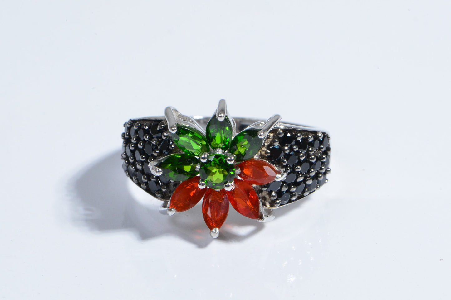 Mexican Fire Opal Flower Ring, Chrome Diopside, Black Spinel, Sterling Silver