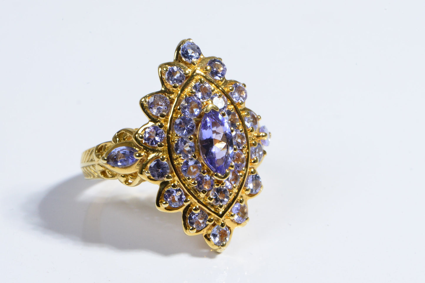 Marquise Tanzanite Ring, 14k Yellow Gold Vermeil, Multi Stone Engagement