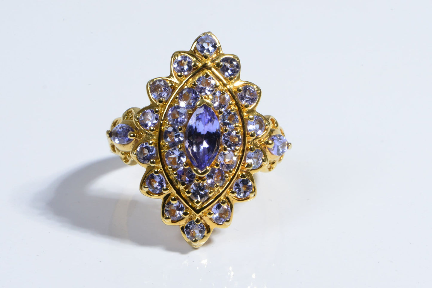 Marquise Tanzanite Ring, 14k Yellow Gold Vermeil, Multi Stone Engagement