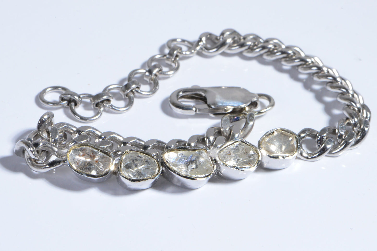 Diamond Polki Bracelet, Sterling Silver Curb Chain