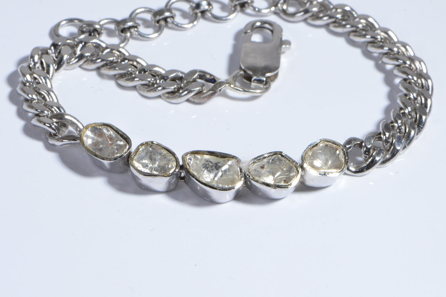 Diamond Polki Bracelet, Sterling Silver Curb Chain