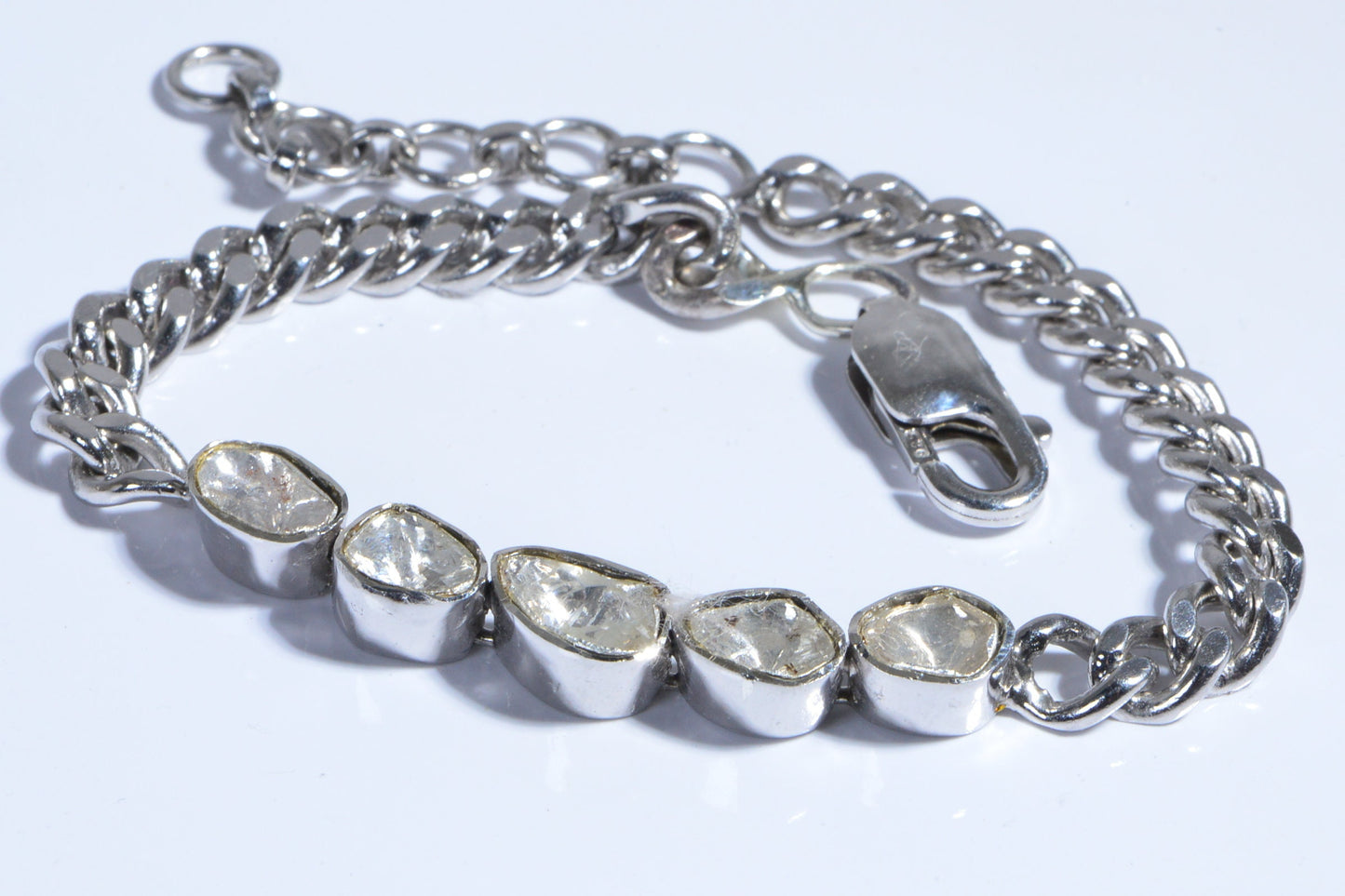 Diamond Polki Bracelet, Sterling Silver Curb Chain