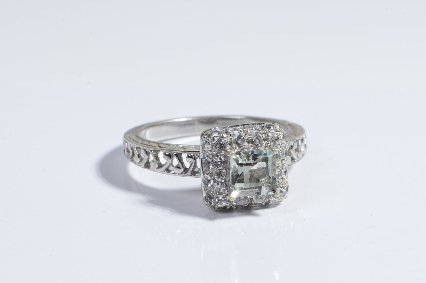 Green Amethyst Princess Cut Sterling Silver Ring with CZ Halo