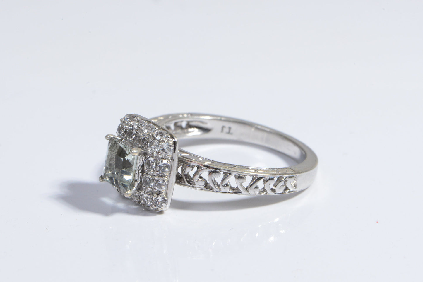 Green Amethyst Princess Cut Sterling Silver Ring with CZ Halo