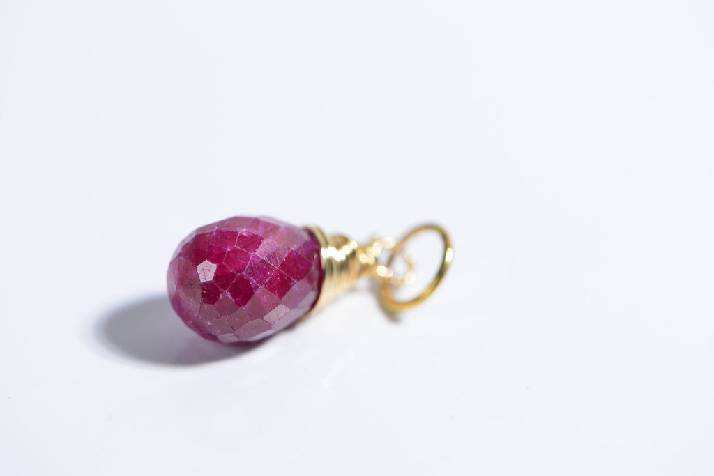 Genuine Ruby Facet  Briolette, Wire Wrapped 14k Gold Filled Birthstone for July