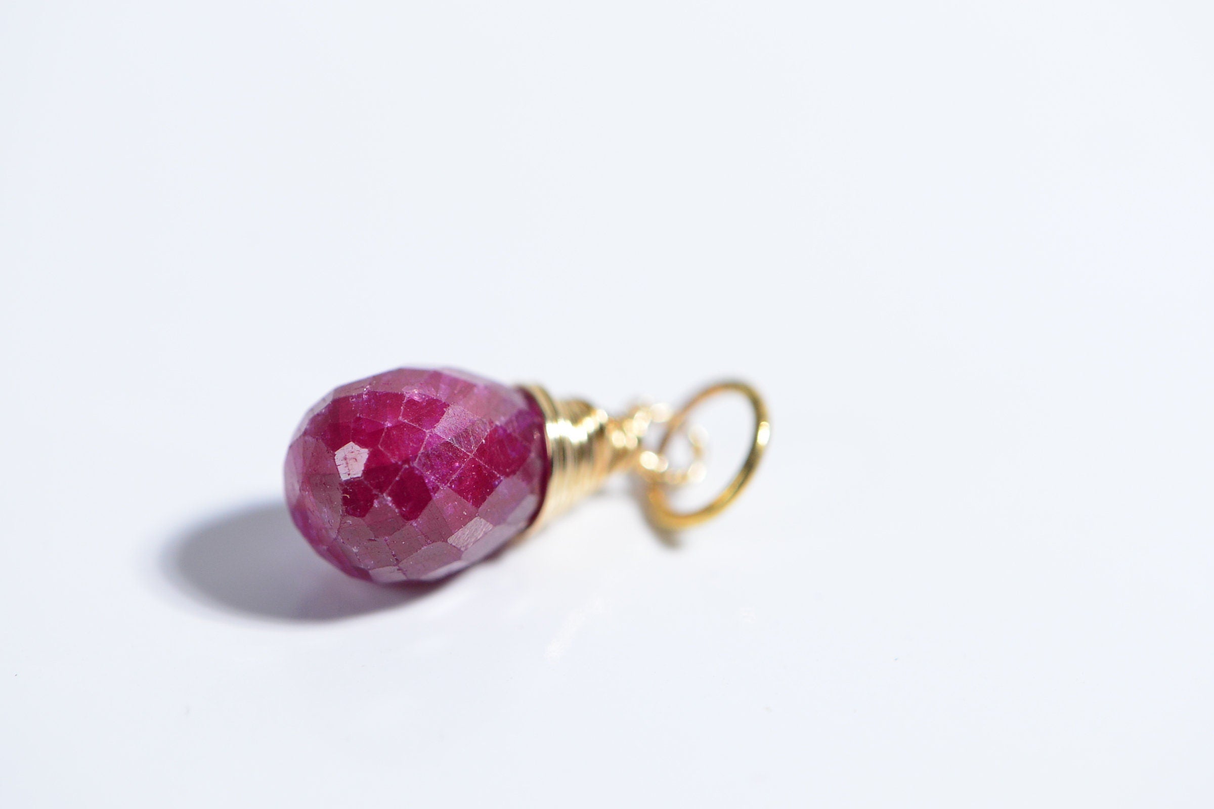Genuine Ruby Facet  Briolette, Wire Wrapped 14k Gold Filled Birthstone for July
