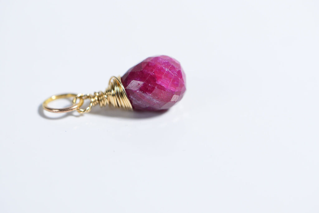 Genuine Ruby Facet  Briolette, Wire Wrapped 14k Gold Filled Birthstone for July