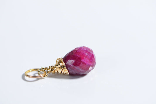 Genuine Ruby Facet  Briolette, Wire Wrapped 14k Gold Filled Birthstone for July