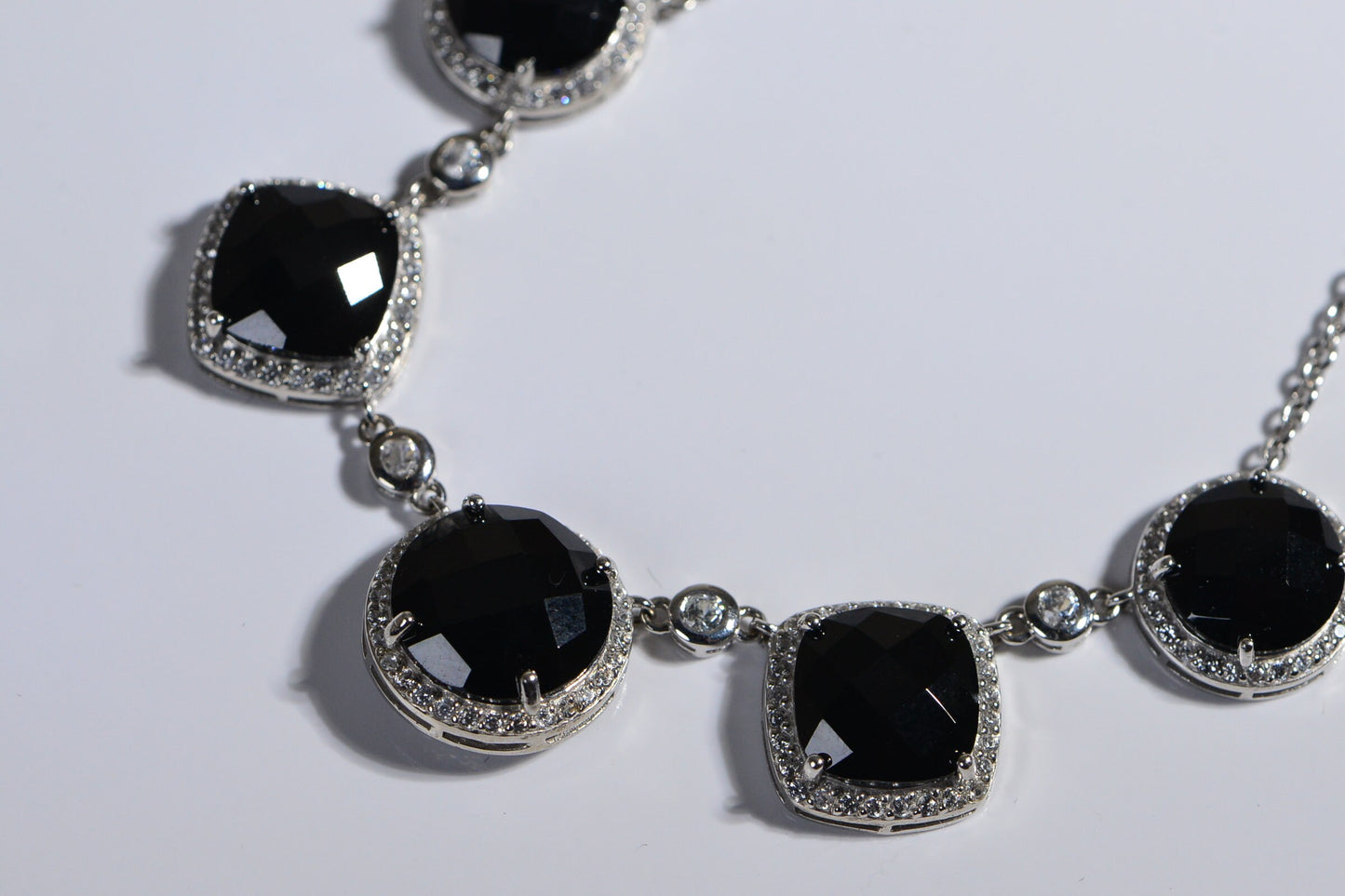Black Spinel And White Zircon Halo Necklace Rhodium Over Sterling Silver Vintage Necklace
