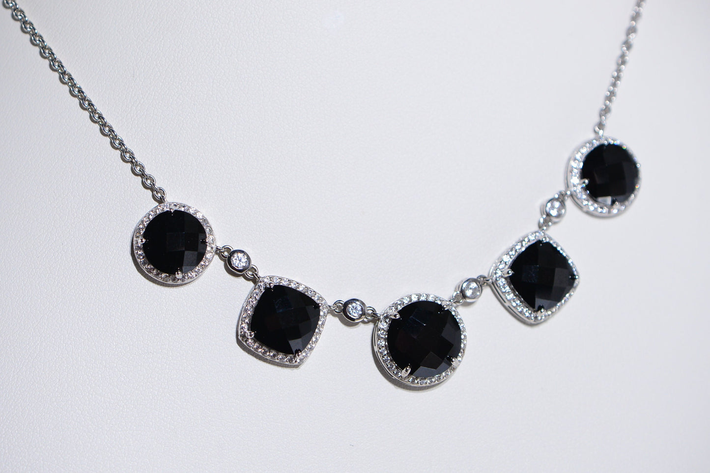 Black Spinel And White Zircon Halo Necklace Rhodium Over Sterling Silver Vintage Necklace
