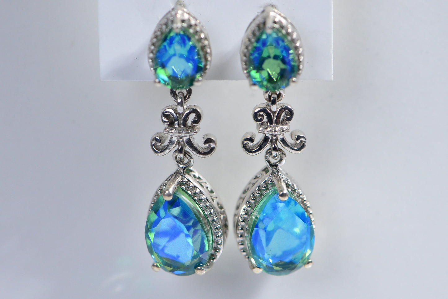 Teardrop Blue Green Quartz Dangle Earrings, Sterling Silver Filigree