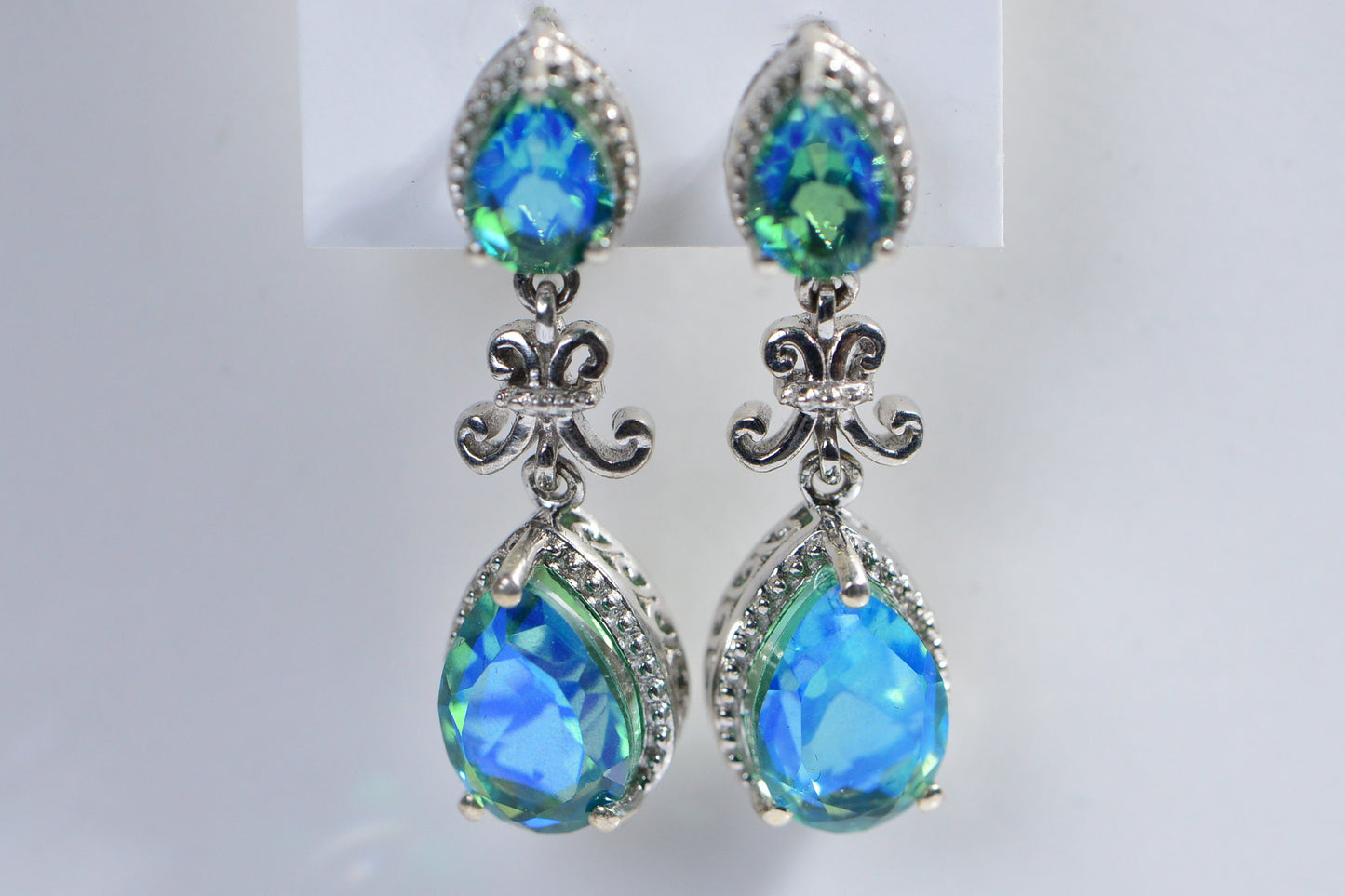 Teardrop Blue Green Quartz Dangle Earrings, Sterling Silver Filigree