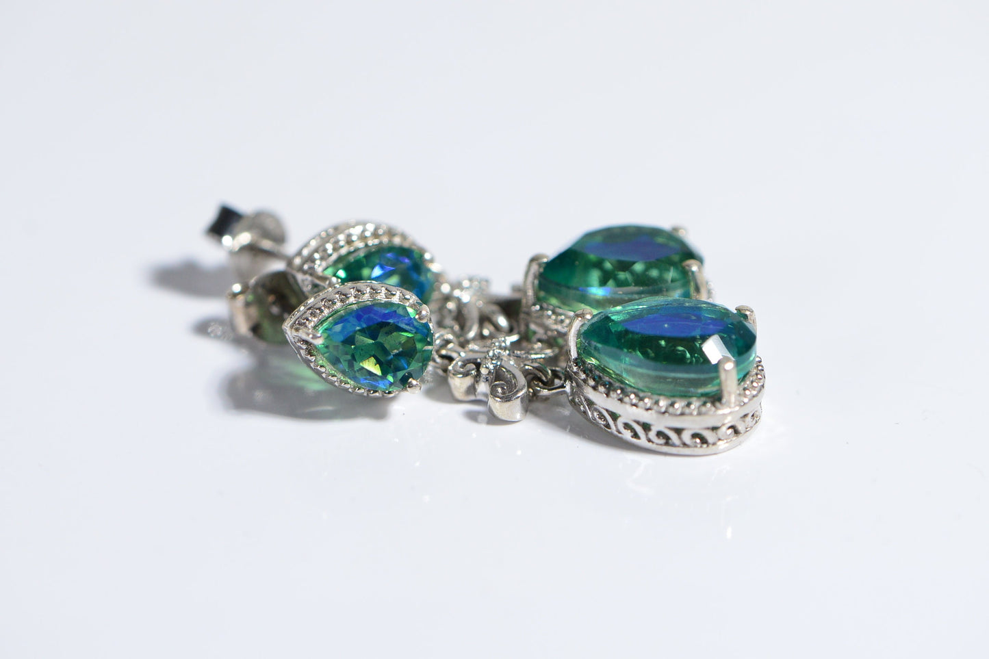 Teardrop Blue Green Quartz Dangle Earrings, Sterling Silver Filigree