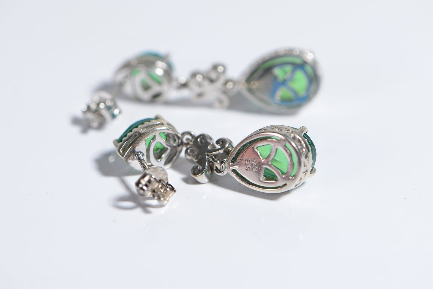 Teardrop Blue Green Quartz Dangle Earrings, Sterling Silver Filigree
