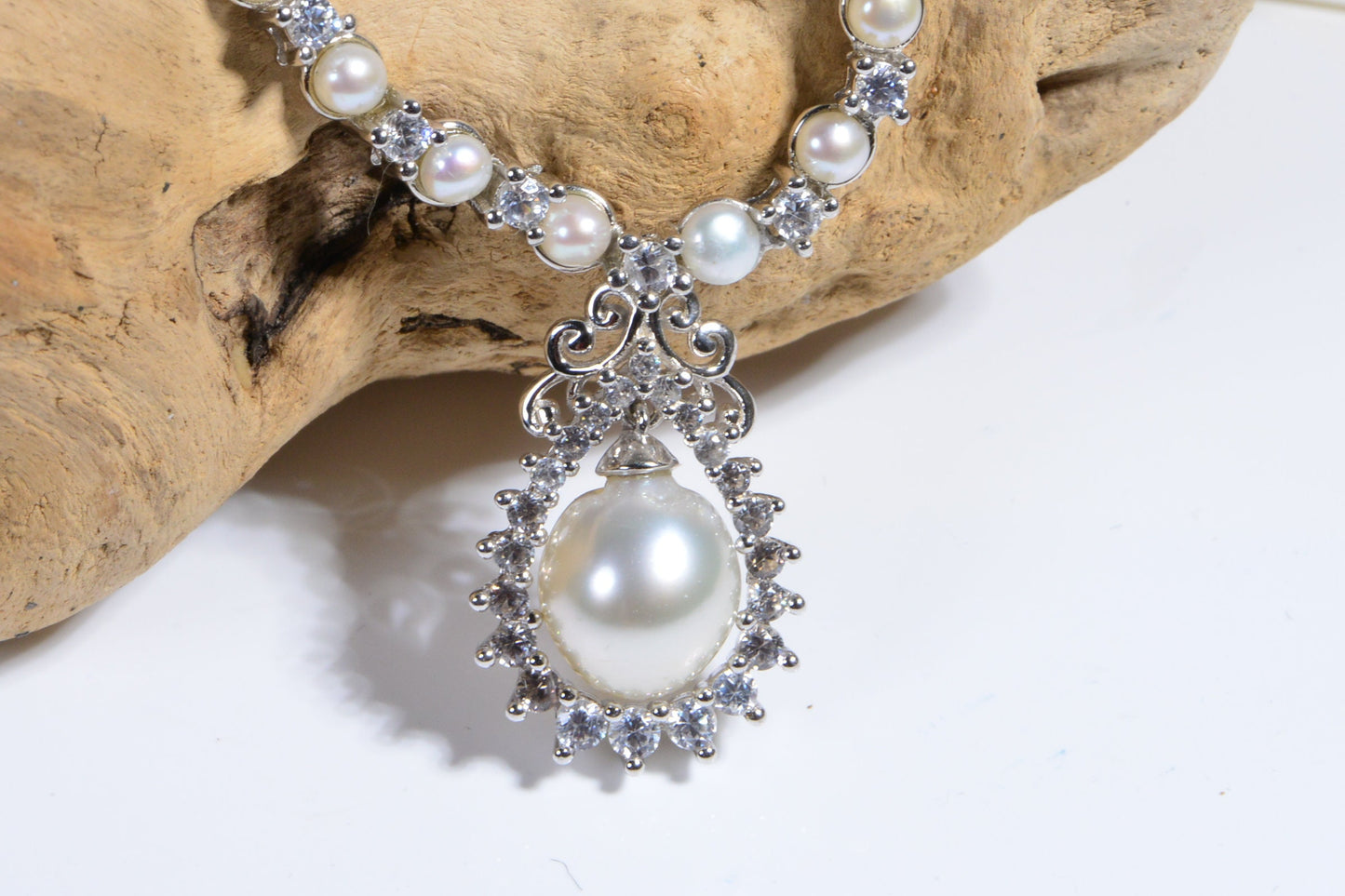 Tahitian White Pearl Natural Zircon Necklace Rhodium Over Sterling silver