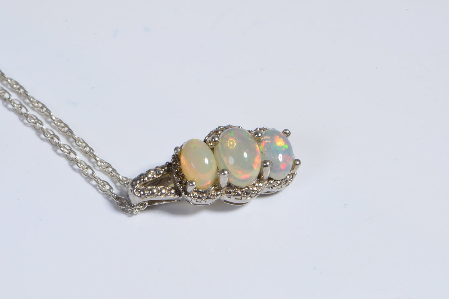 Three Stone Ethiopian Opal Pendant, Sterling Silver October Birthstone