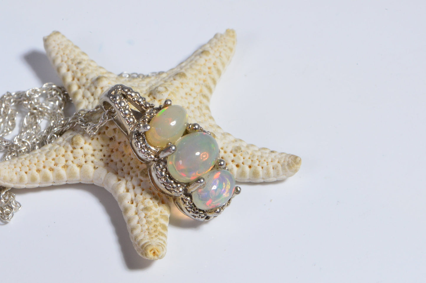 Three Stone Ethiopian Opal Pendant, Sterling Silver October Birthstone