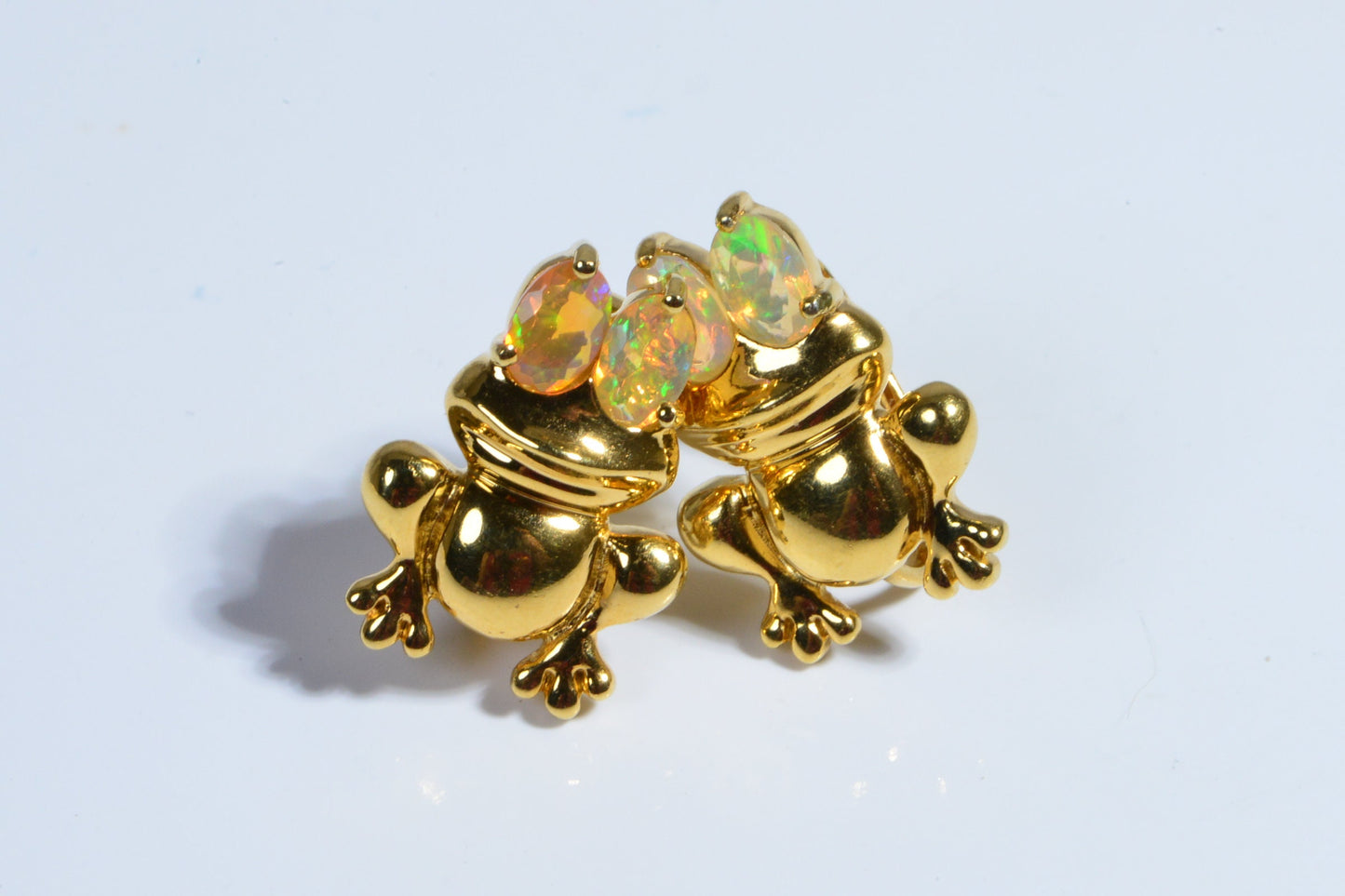 Gold Frog Clip On Earrings, Ethiopian Opal, Fun Jewelry