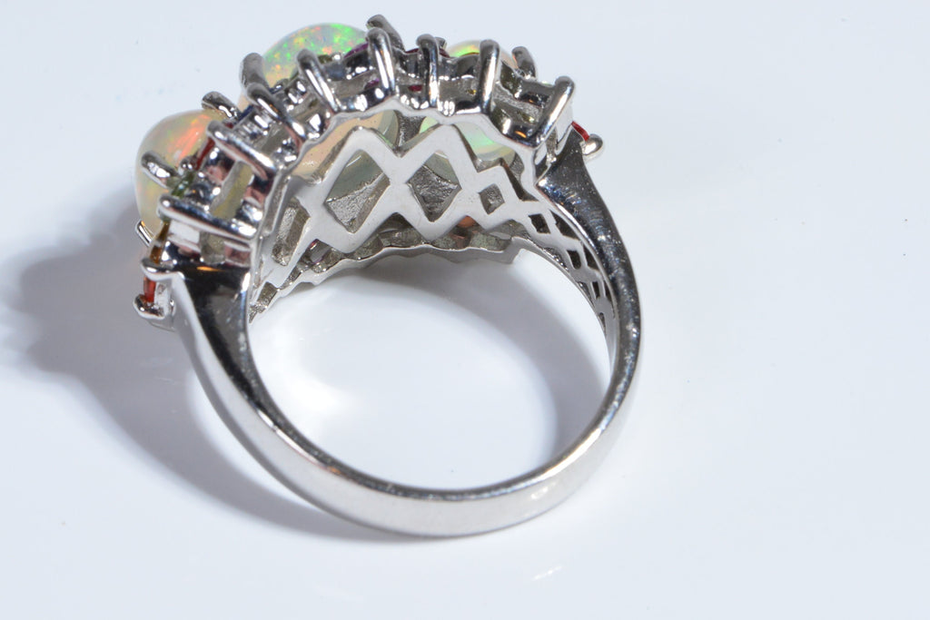Multi Color Sapphire Ethiopian Opal Sterling Silver Promise Ring Trinity Rings
