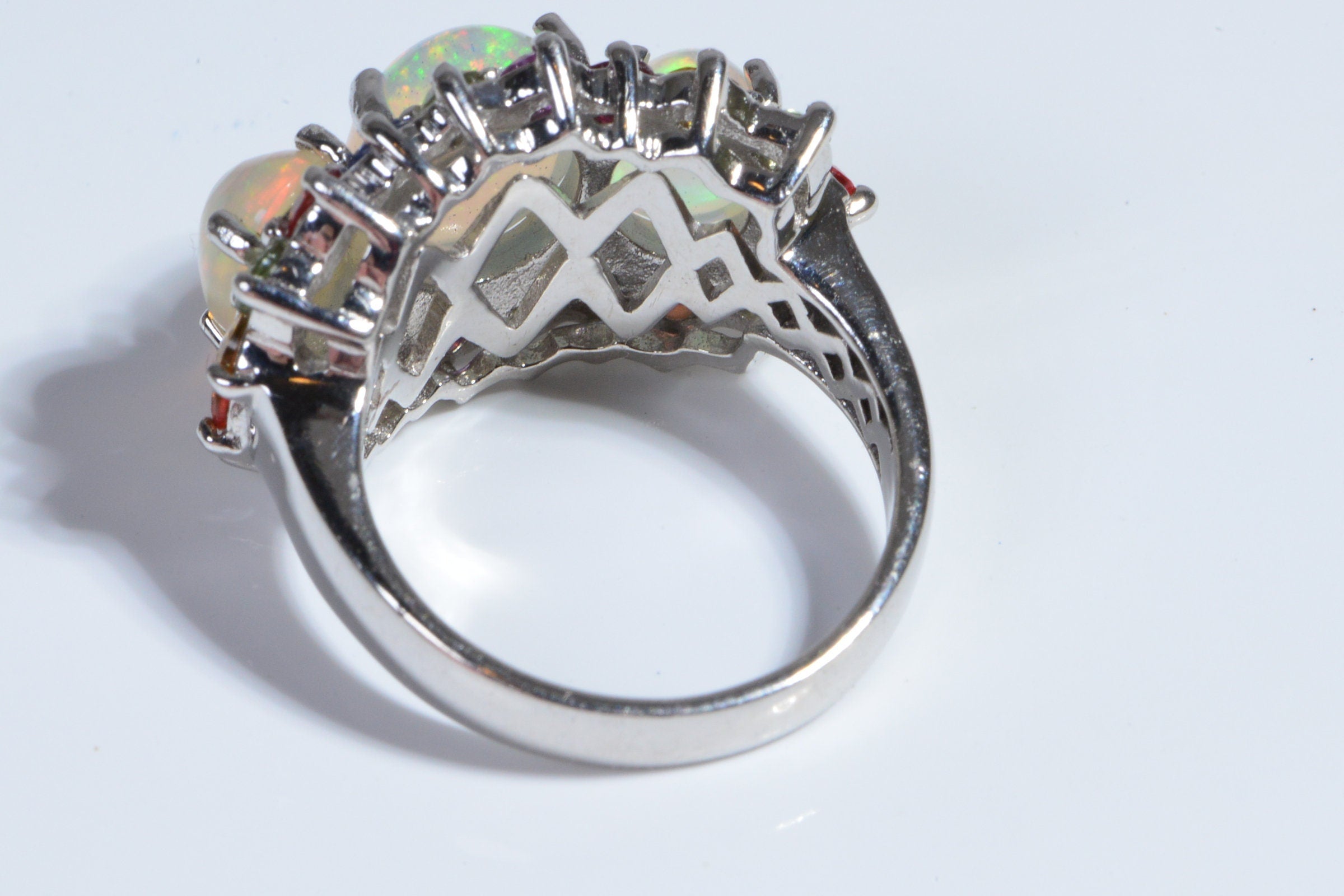 Multi Color Sapphire Ethiopian Opal Sterling Silver Promise Ring Trinity Rings