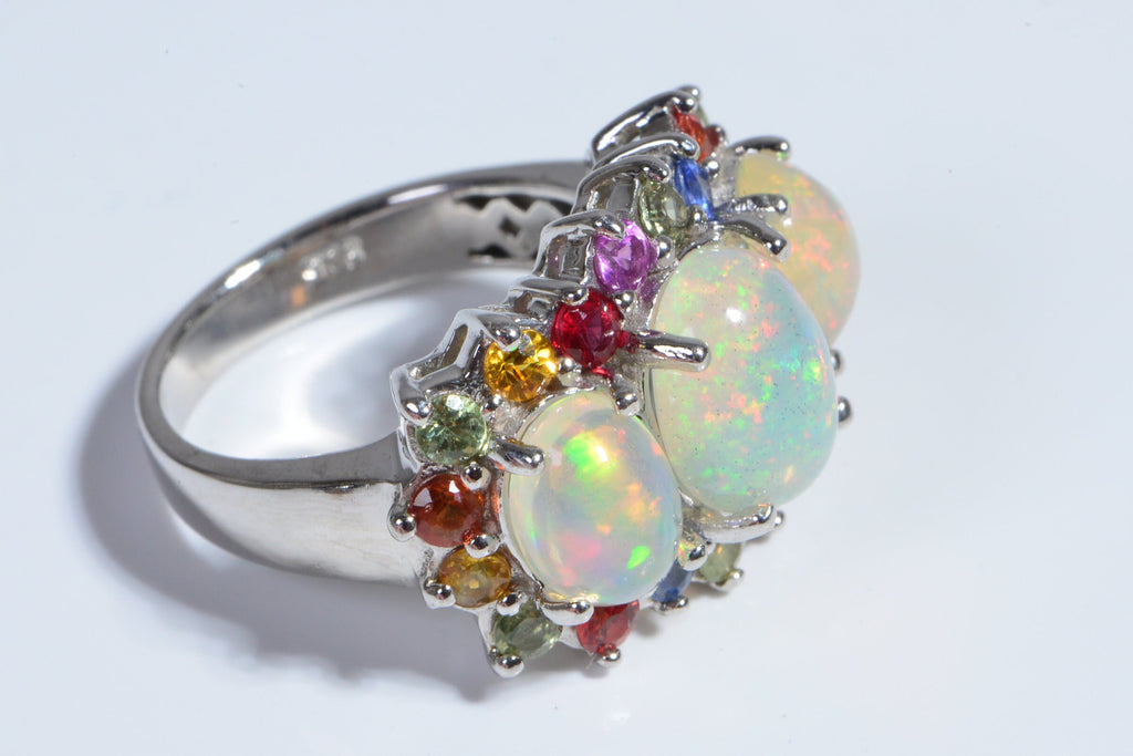 Multi Color Sapphire Ethiopian Opal Sterling Silver Promise Ring Trinity Rings