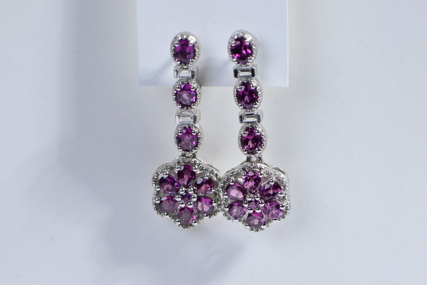 Rhodolite Garnet Earrings, Sterling Silver Flower Cluster, 6 Carat