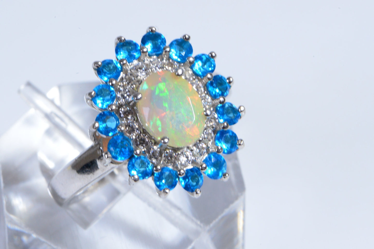 Ethiopian Opal Ring, Neon Apatite Halo, Sterling Silver, Size 7