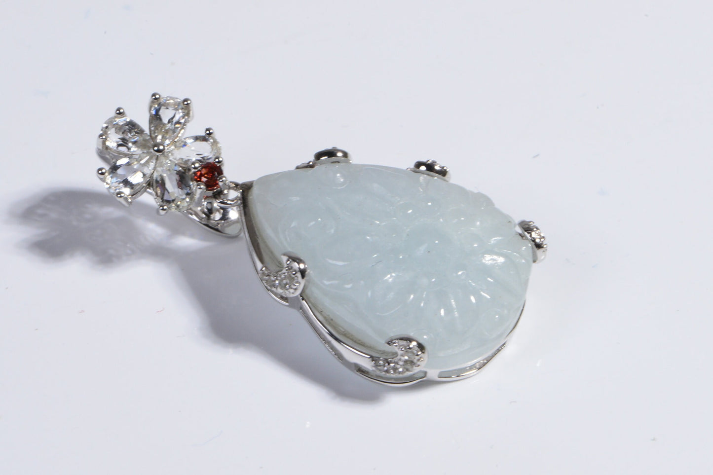 White Jade Carved Flower Pendant, Garnet & Diamond Accent