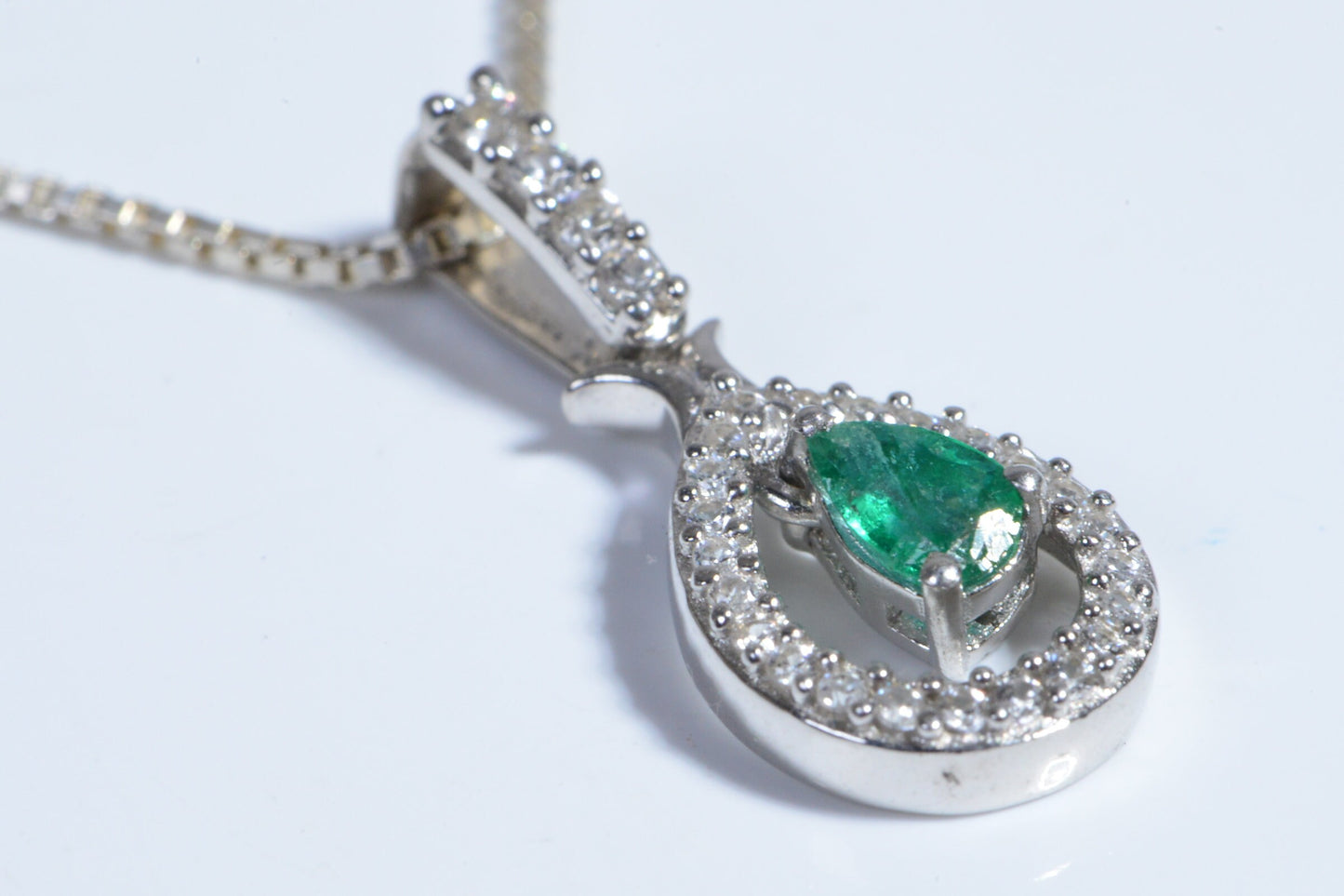 Colombian Emerald Sterling Silver Pendant, Diamond Zircon Halo