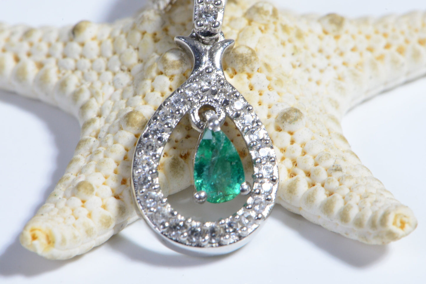Colombian Emerald Sterling Silver Pendant, Diamond Zircon Halo