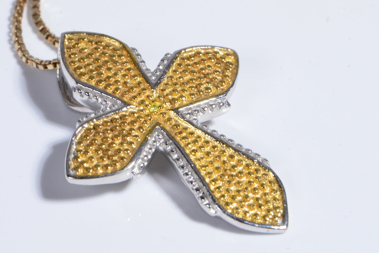 Yellow Diamond Cross Pendant Necklace, 14K Gold Vermeil, Estate Jewelry