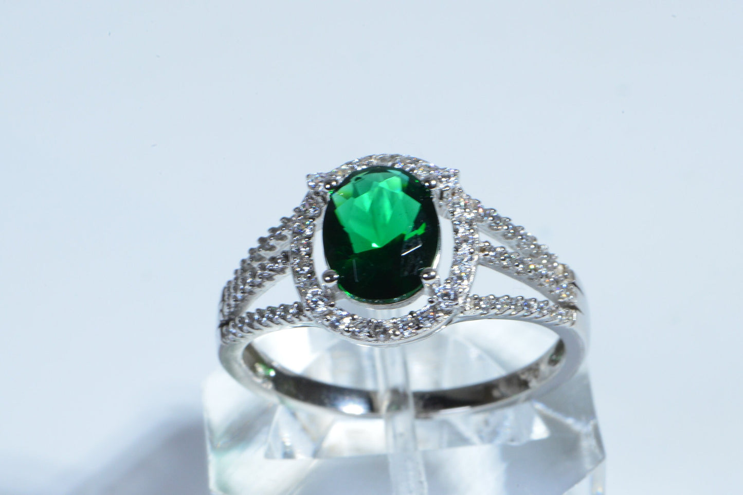 Emerald Halo Diamond Sterling Silver Oval Stone Ring Engagement Ring Birthstone For May