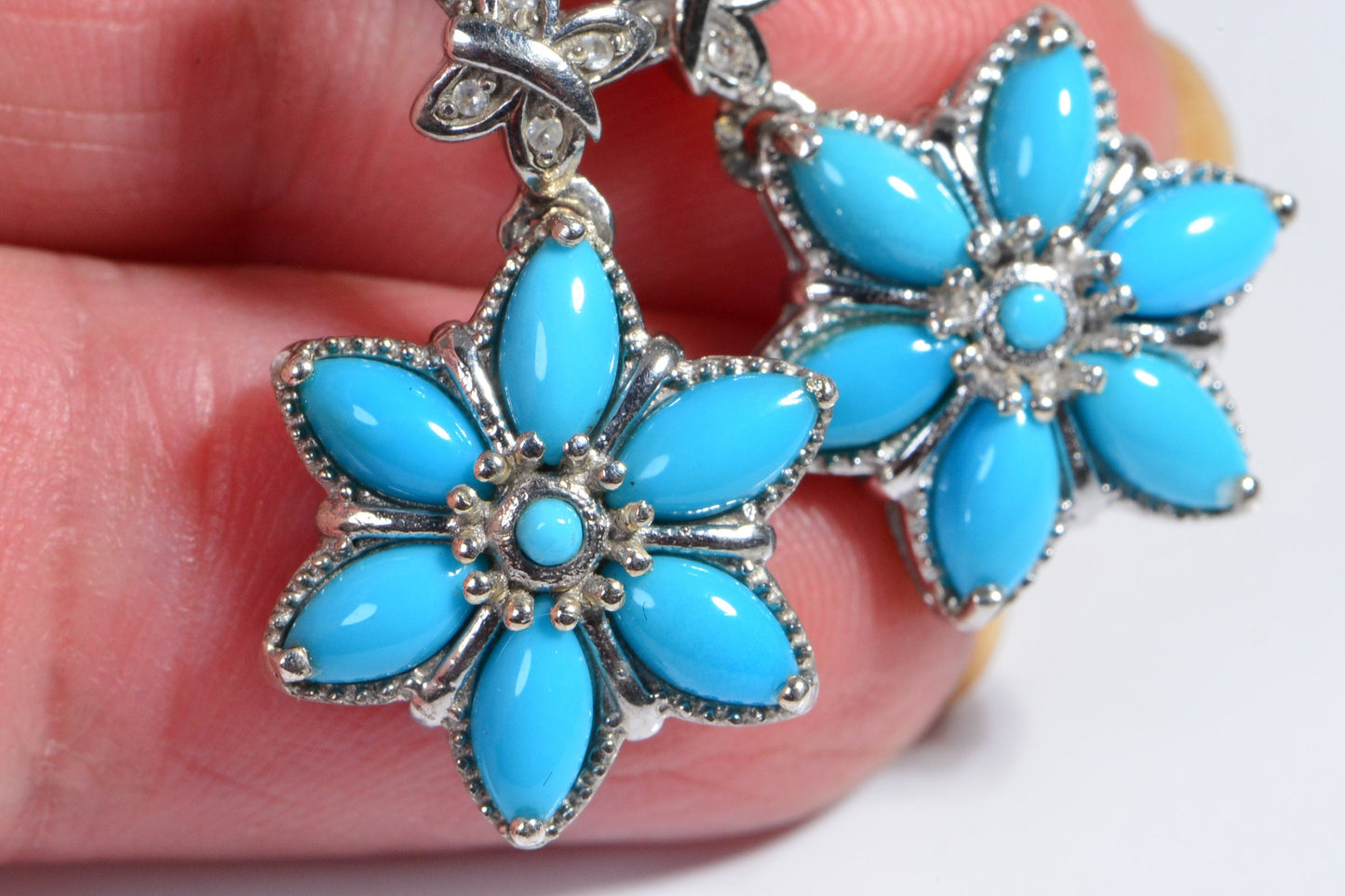Sleeping Beauty Turquoise Flower Earrings, Zircon Sterling Silver Hoops