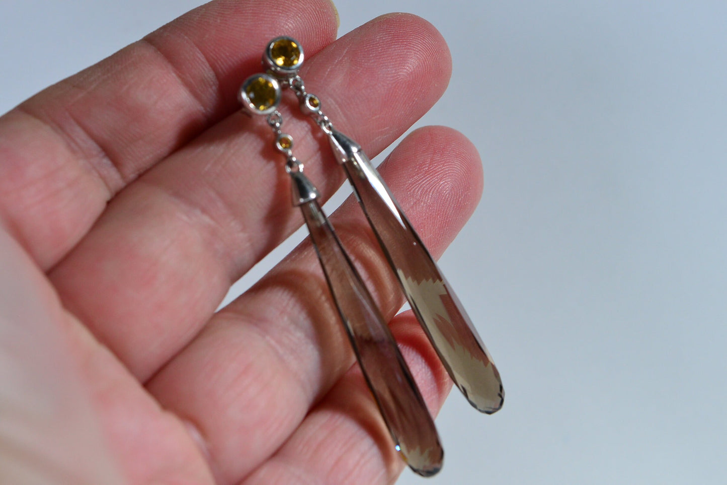 Smokey Quartz & Citrine Sterling Silver Teardrop Earrings - April Birthstone