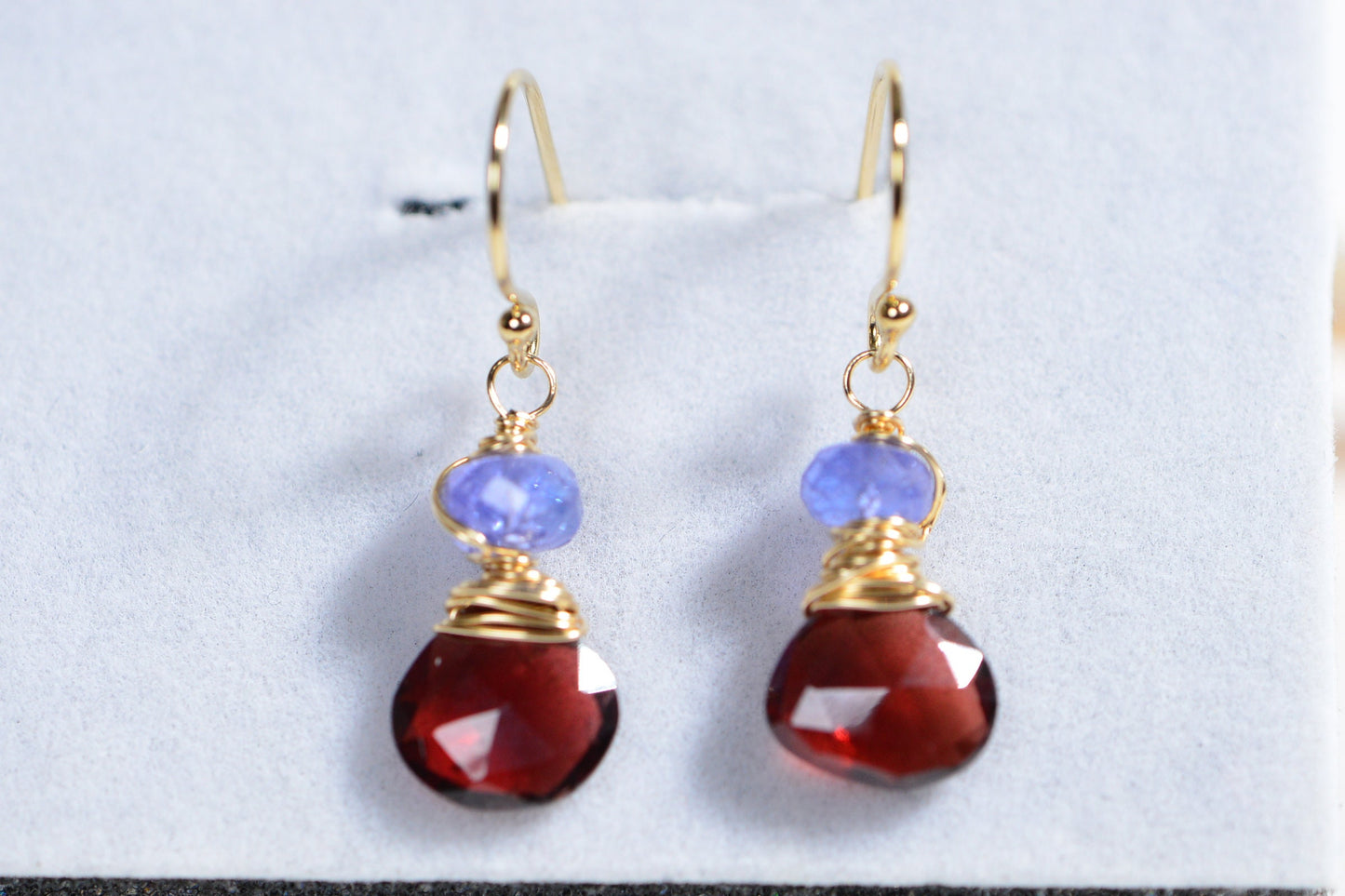 Tanzanite Garnet 14K Gold Wire Wrapped Earrings Multi stone Small Earrings Birthstone February