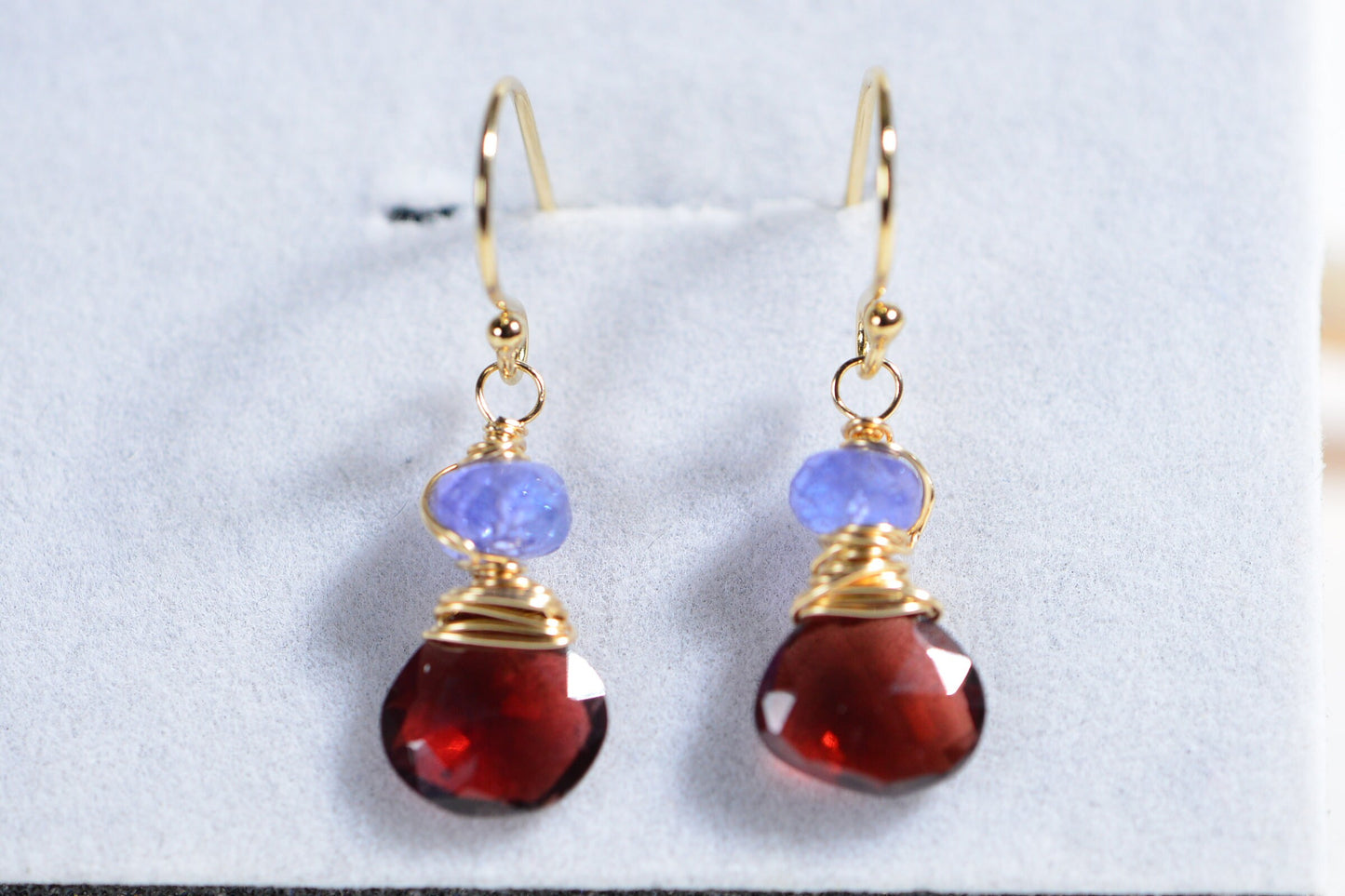 Tanzanite Garnet 14K Gold Wire Wrapped Earrings Multi stone Small Earrings Birthstone February