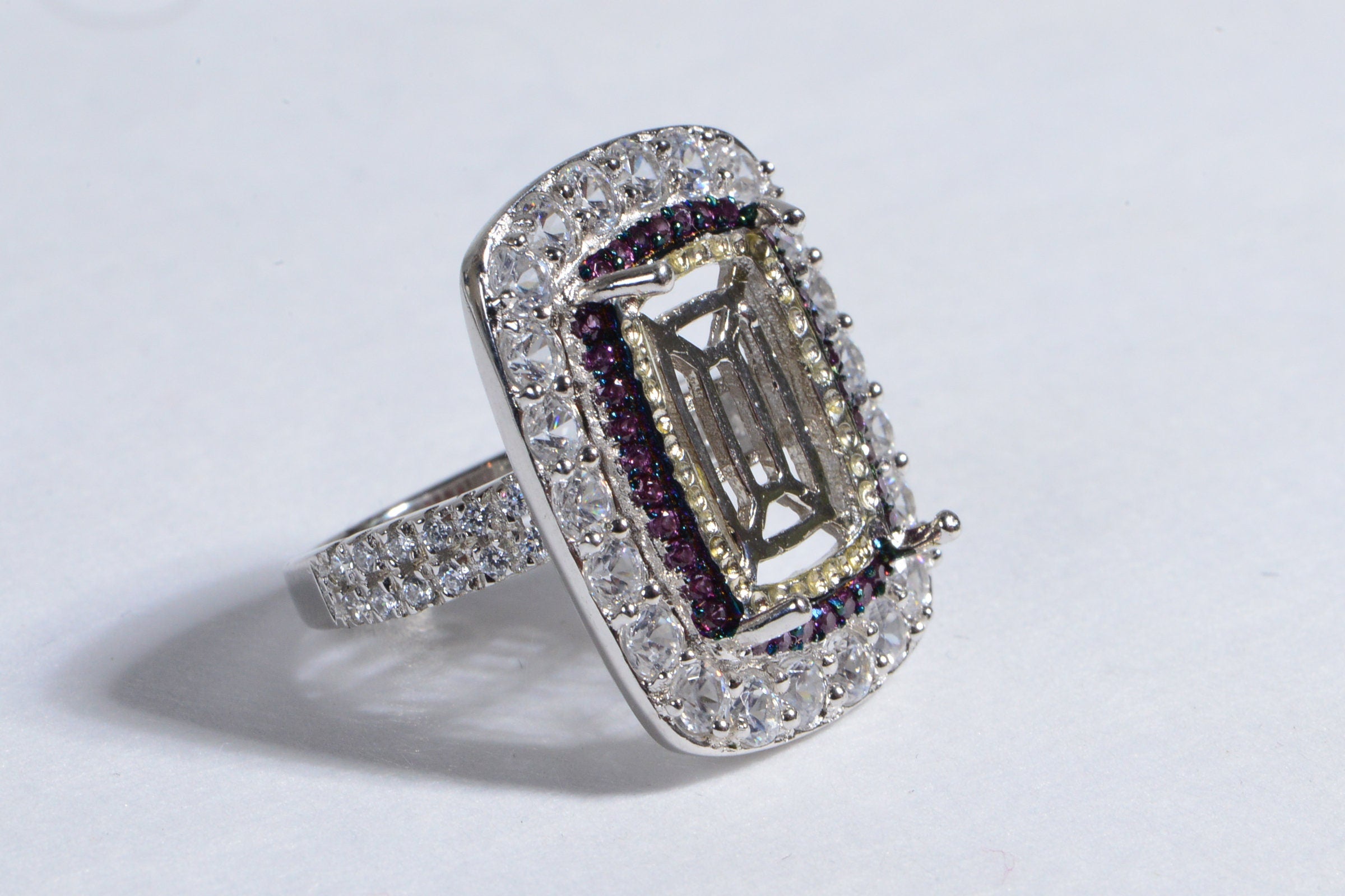 Sterling Silver Cushion Stone Ring: Halo Diamond & Garnet, US 8.25