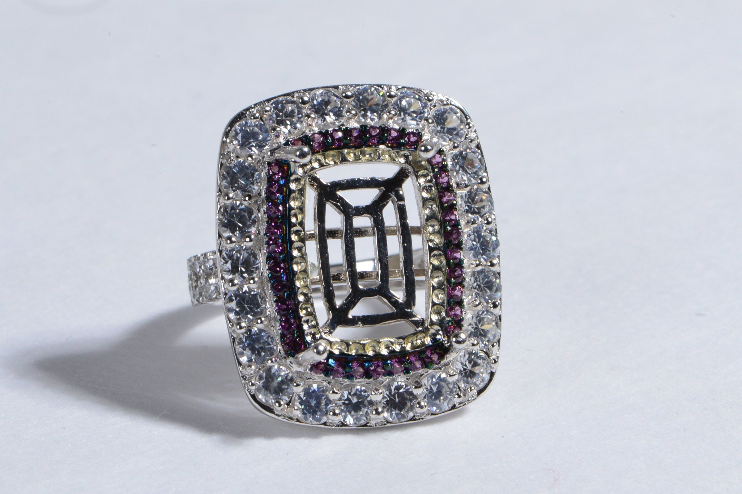 Sterling Silver Cushion Stone Ring: Halo Diamond & Garnet, US 8.25