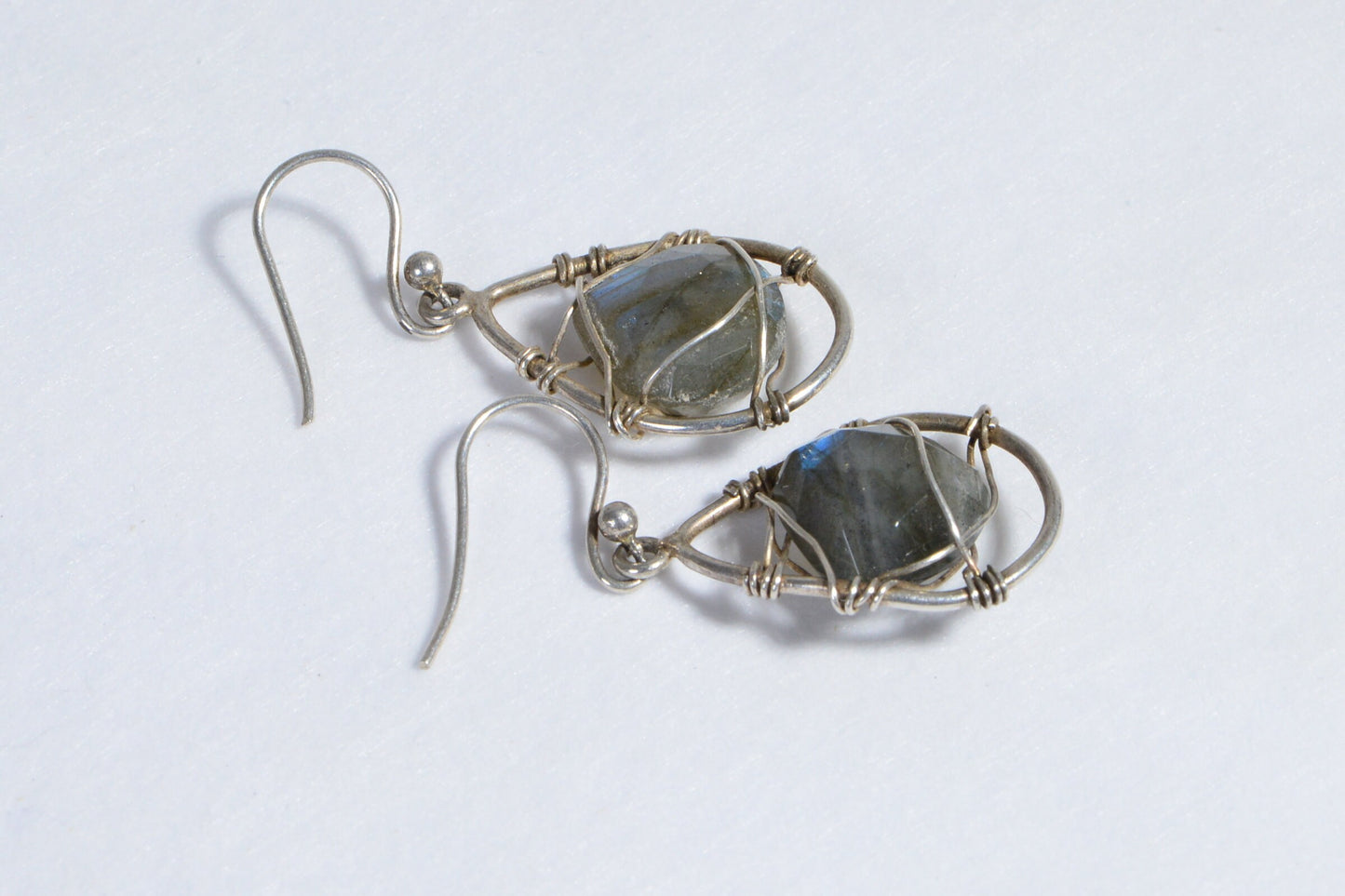 Blue Flash Labradorite Sterling Silver Wire Wrapped Earrings Hand Made Gift
