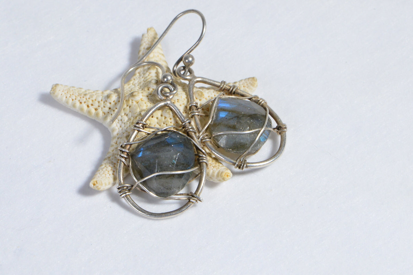 Blue Flash Labradorite Sterling Silver Wire Wrapped Earrings Hand Made Gift