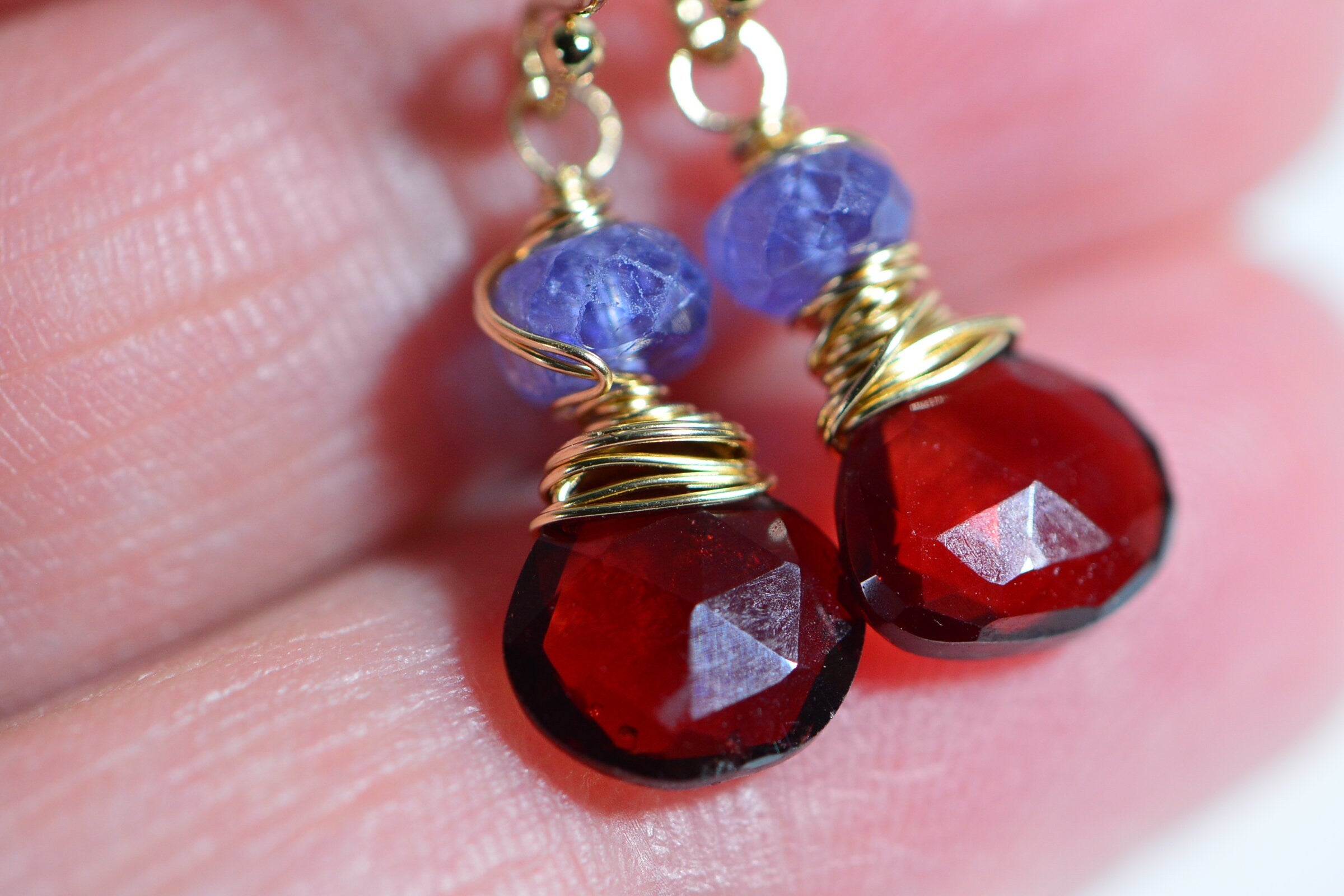 Real Garnet Tanzanite Wire Wrapped 14K Gold Filled Small Earrings Birthstone January