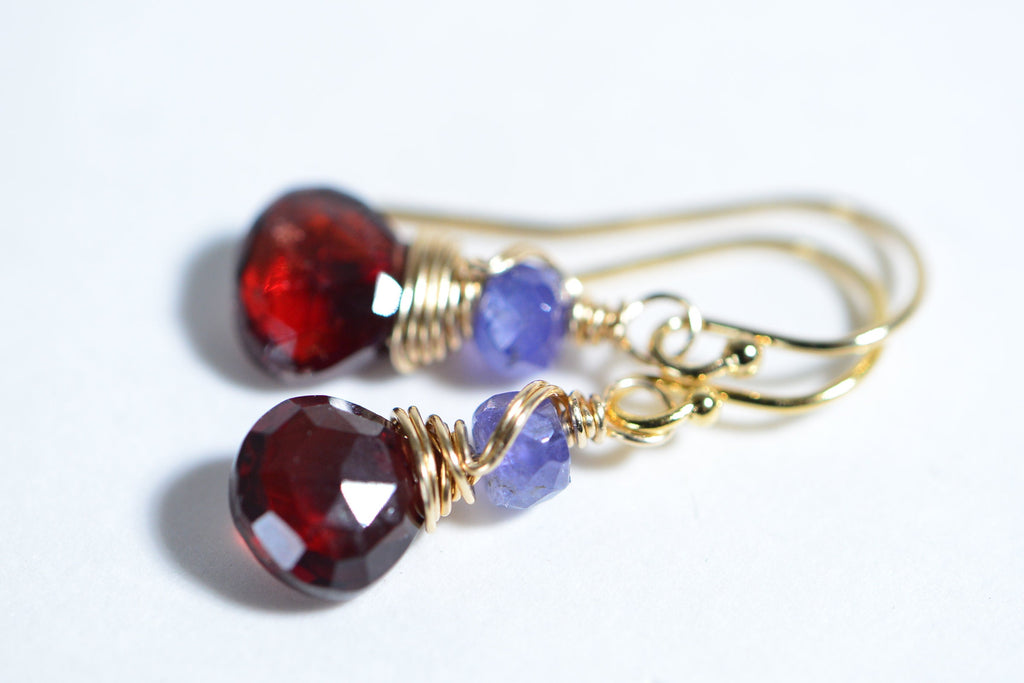 Real Garnet Tanzanite Wire Wrapped 14K Gold Filled Small Earrings Birthstone January