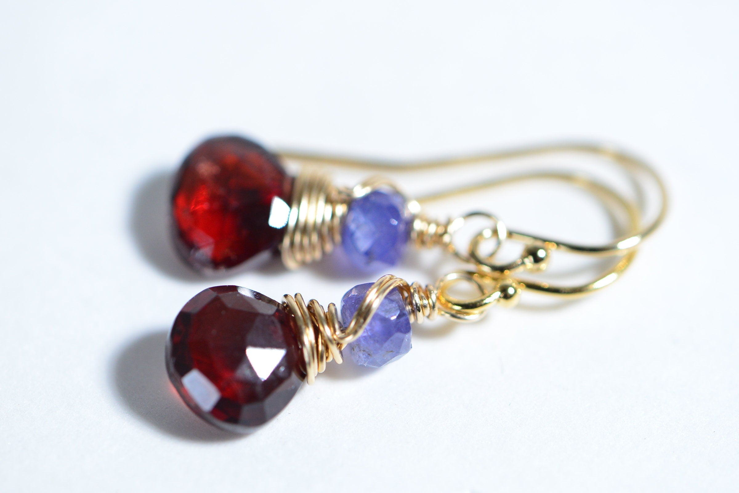 Real Garnet Tanzanite Wire Wrapped 14K Gold Filled Small Earrings Birthstone January